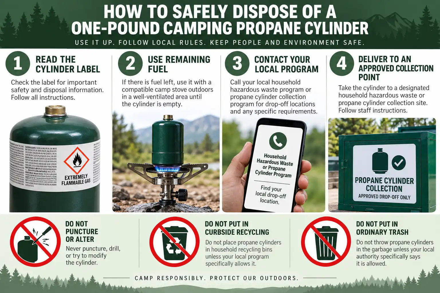 Four safe steps to dispose of a small propane tank.