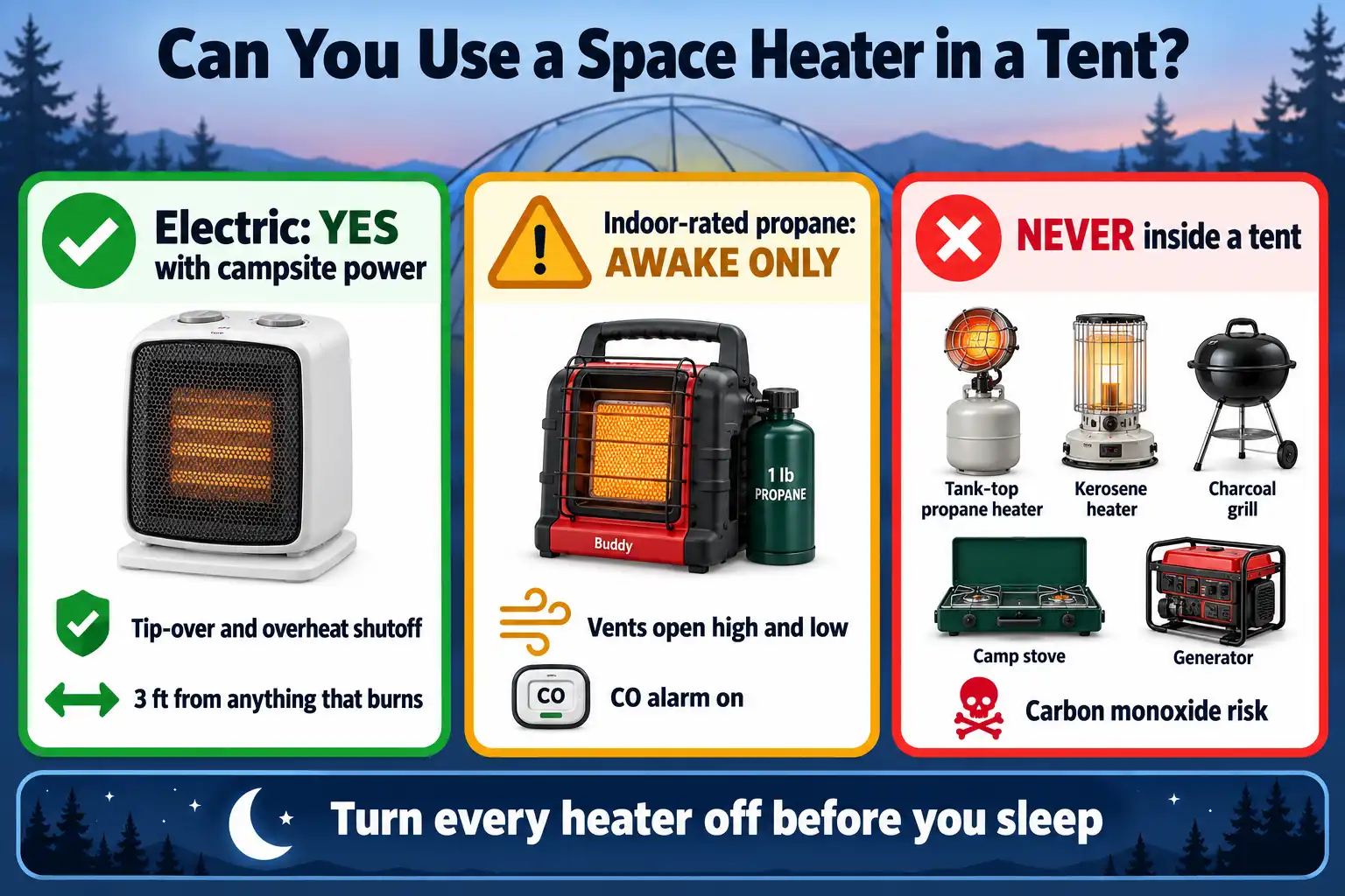 Infographic about which space heaters are safe to use in a tent