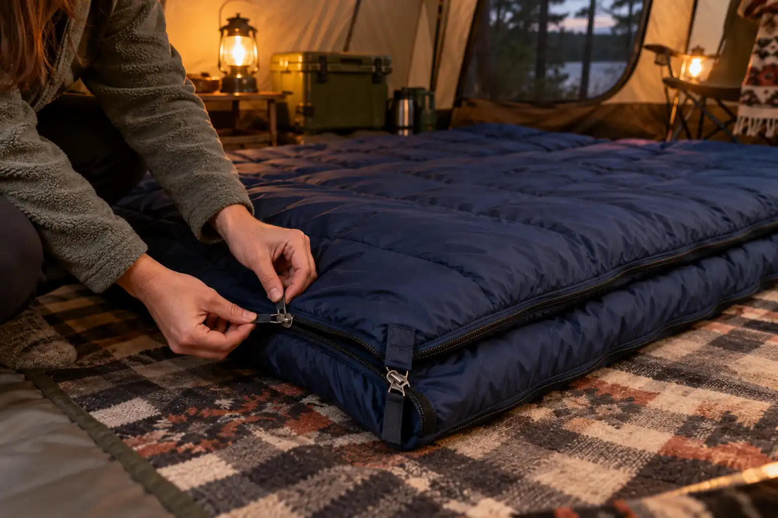 Two rectangular sleeping bags stacked liner to liner and zipped
• 