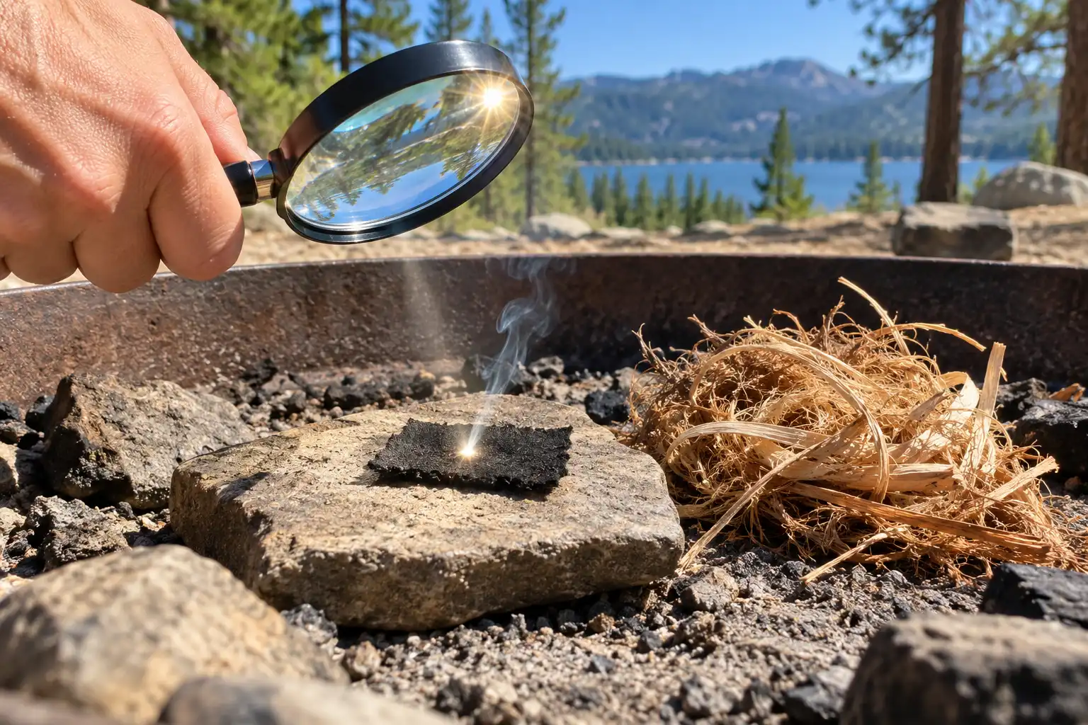 Magnifying glass focusing sunlight onto dry char cloth.