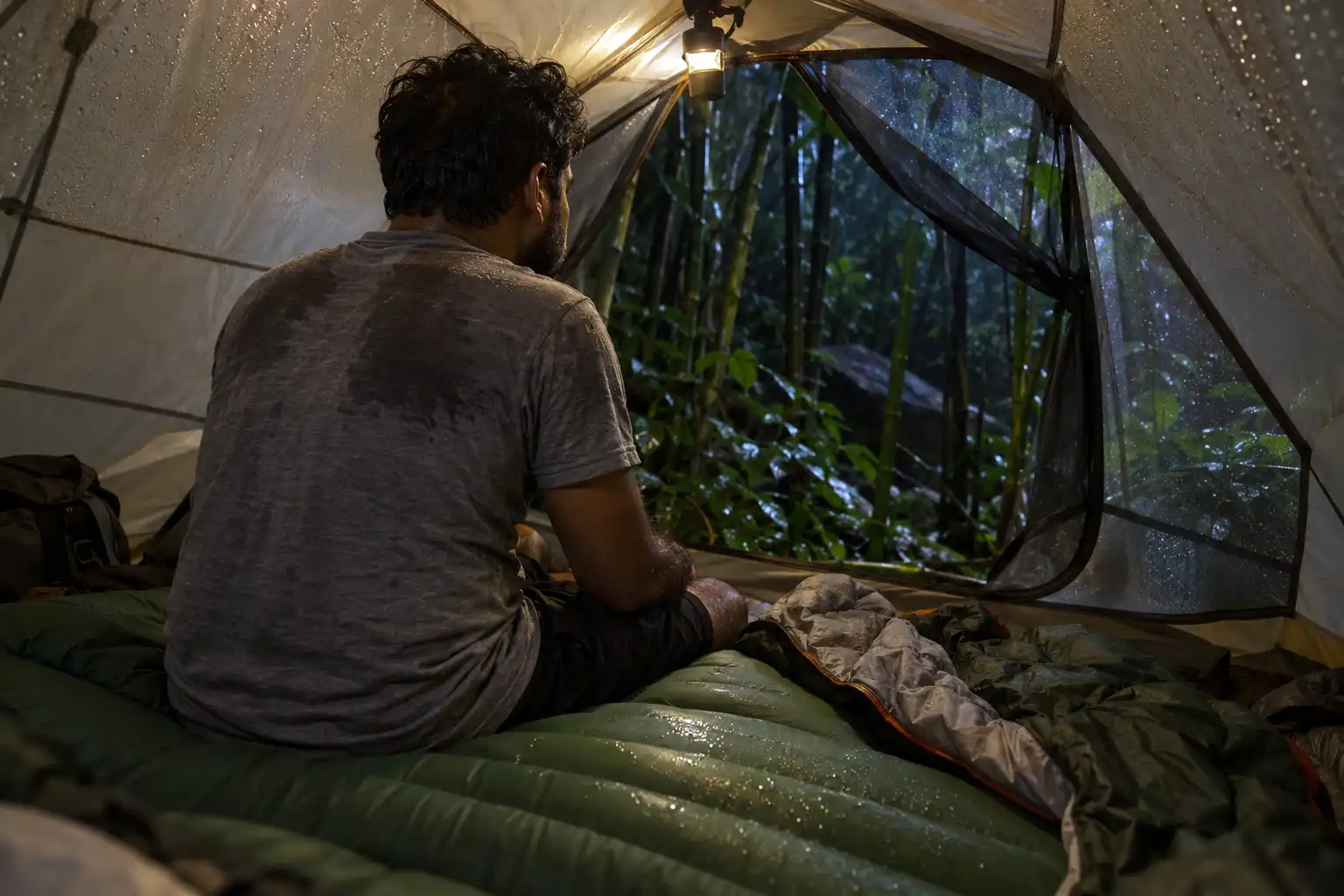 Camper with a sweat-soaked shirt sitting on an insulated sleeping pad in a tent