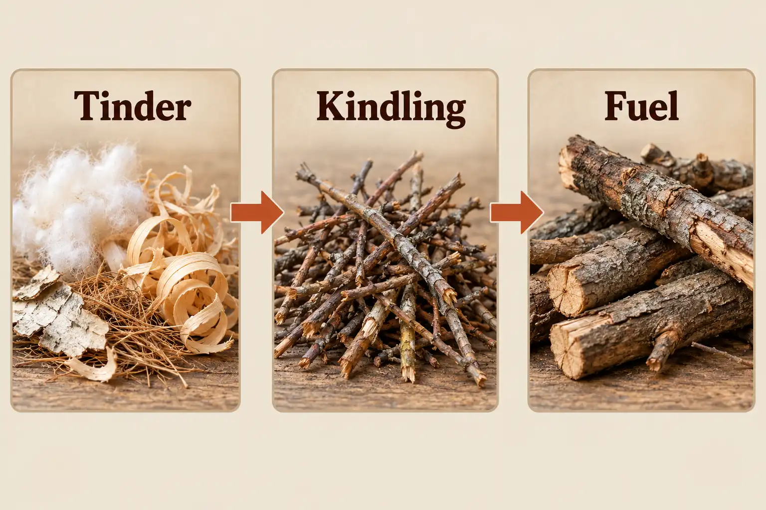 Tinder, kindling, and larger firewood arranged for campfire starting.