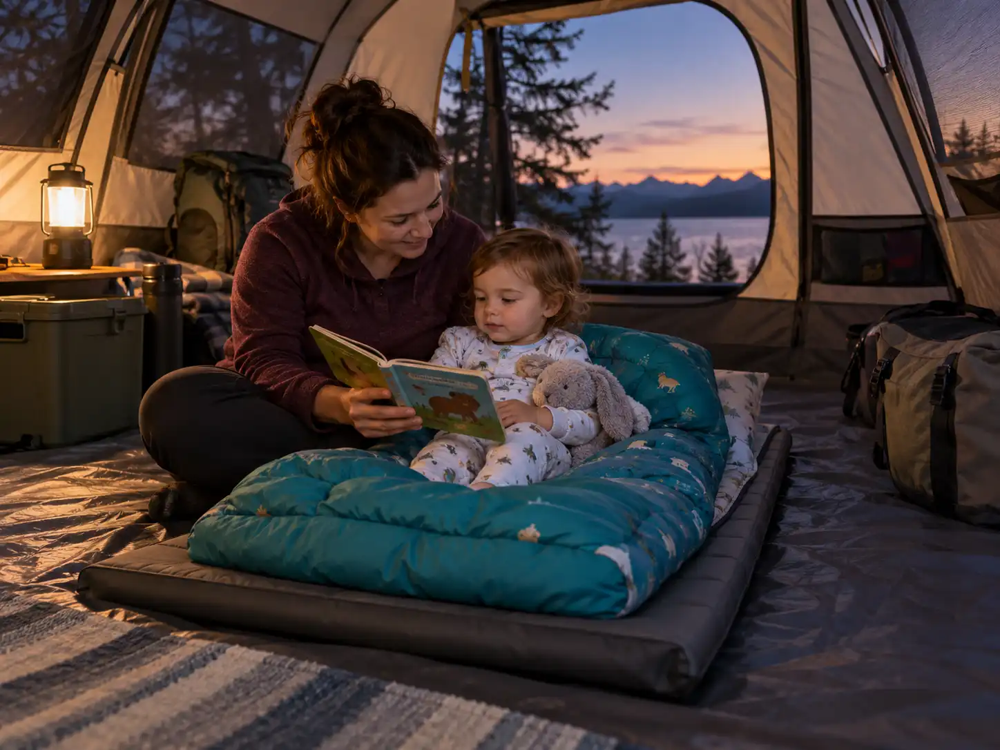 Parent reading to a toddler beside dry sleeping gear in a tent.