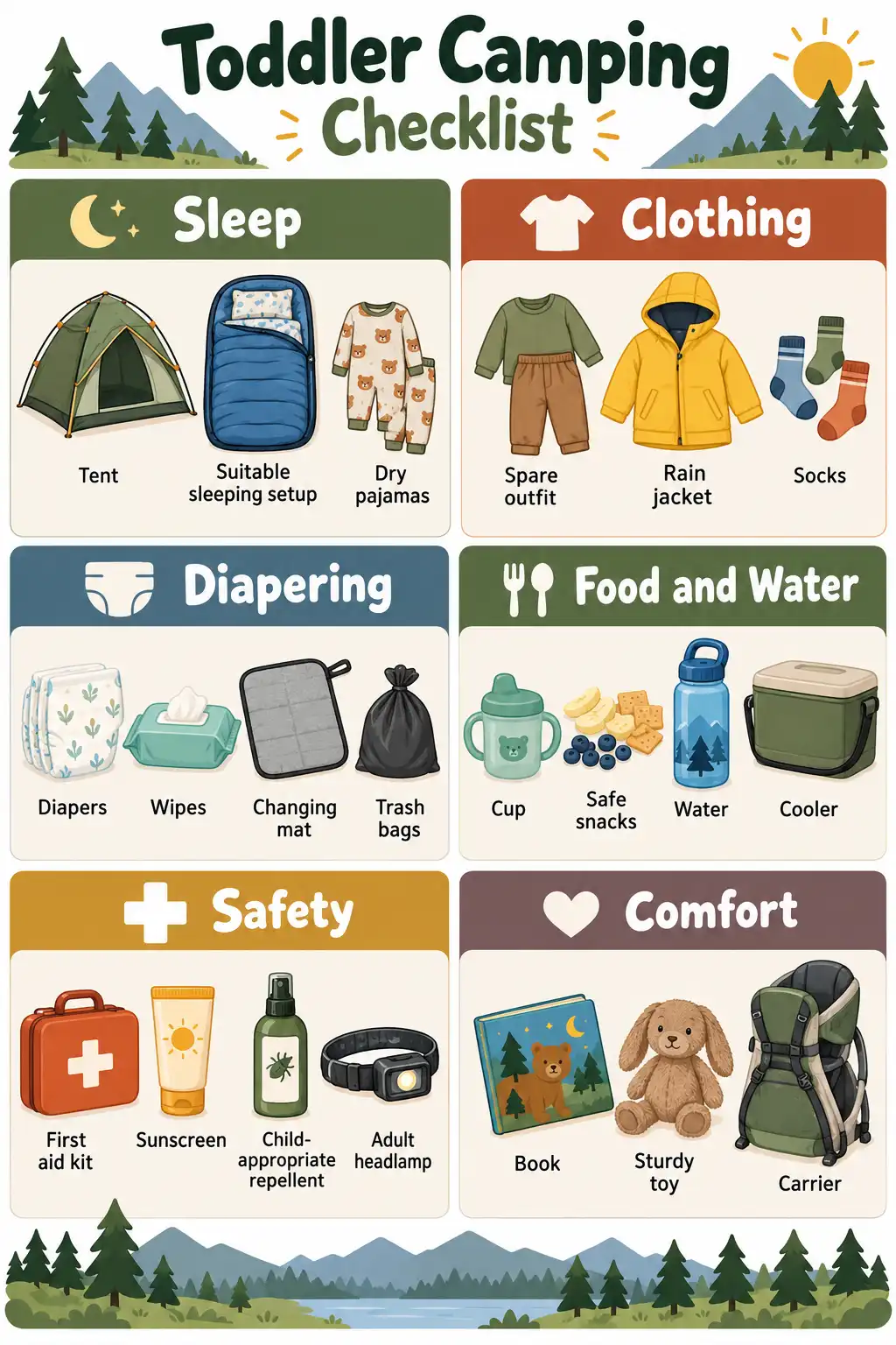 Toddler camping checklist showing sleep gear, clothes, food, diapers, safety supplies, and toys.