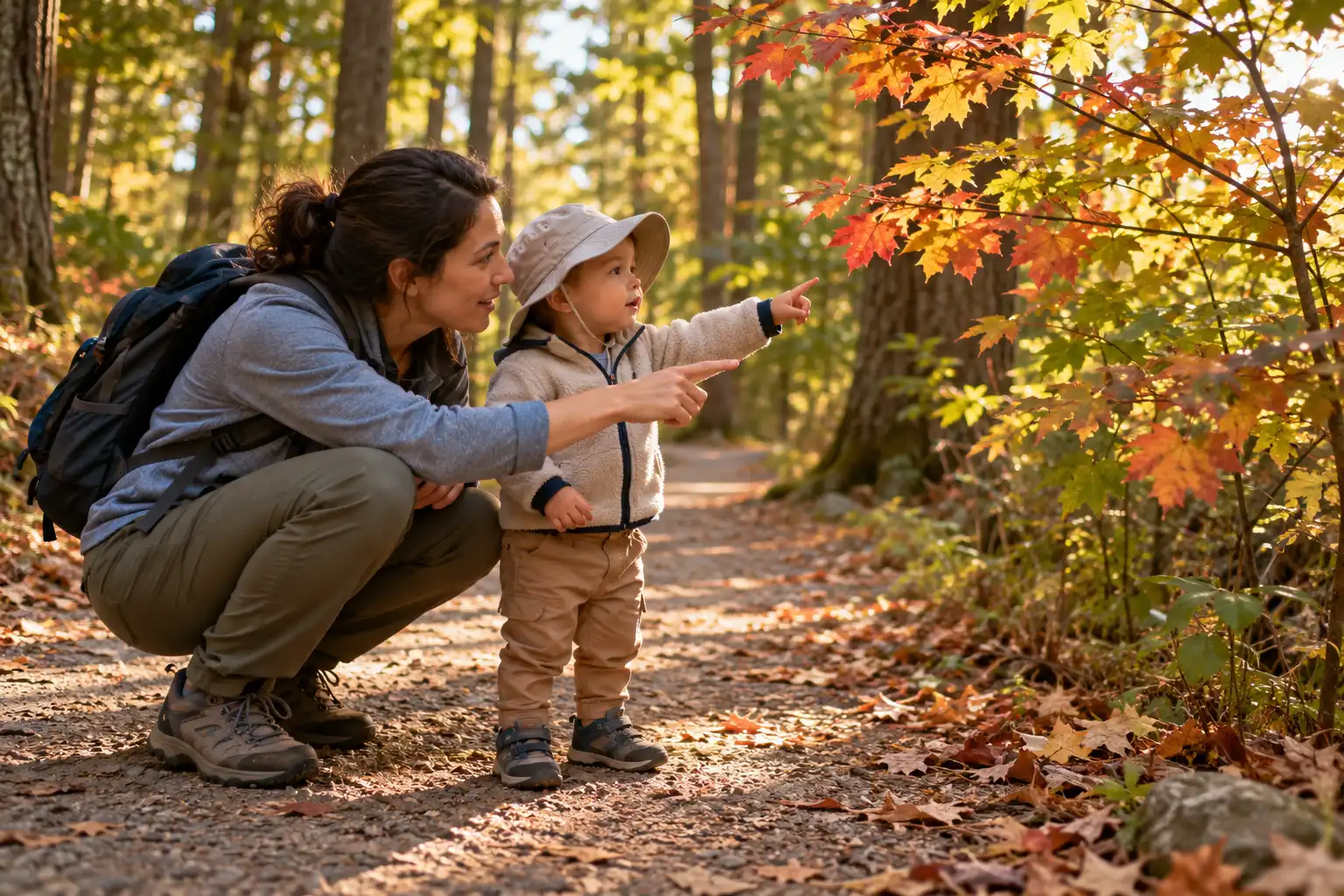 Toddler and parent spotting colorful leaves during a short campground nature walk.