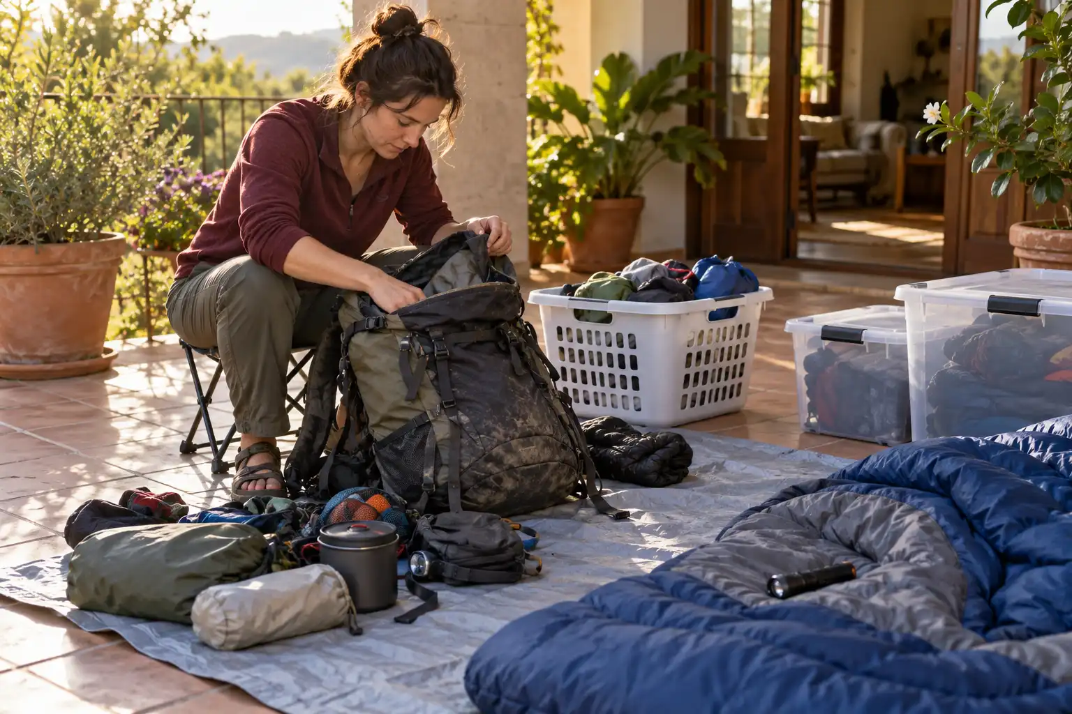 Camper unpacking gear on a veranda before anything goes indoors