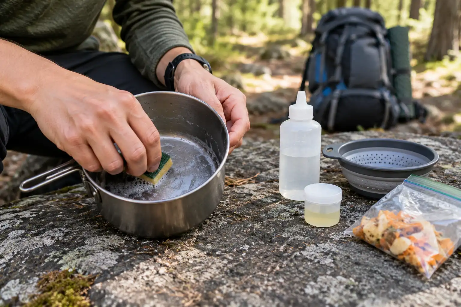 Backpacker cleaning a cooking pot with a sponge and small bottle of water.