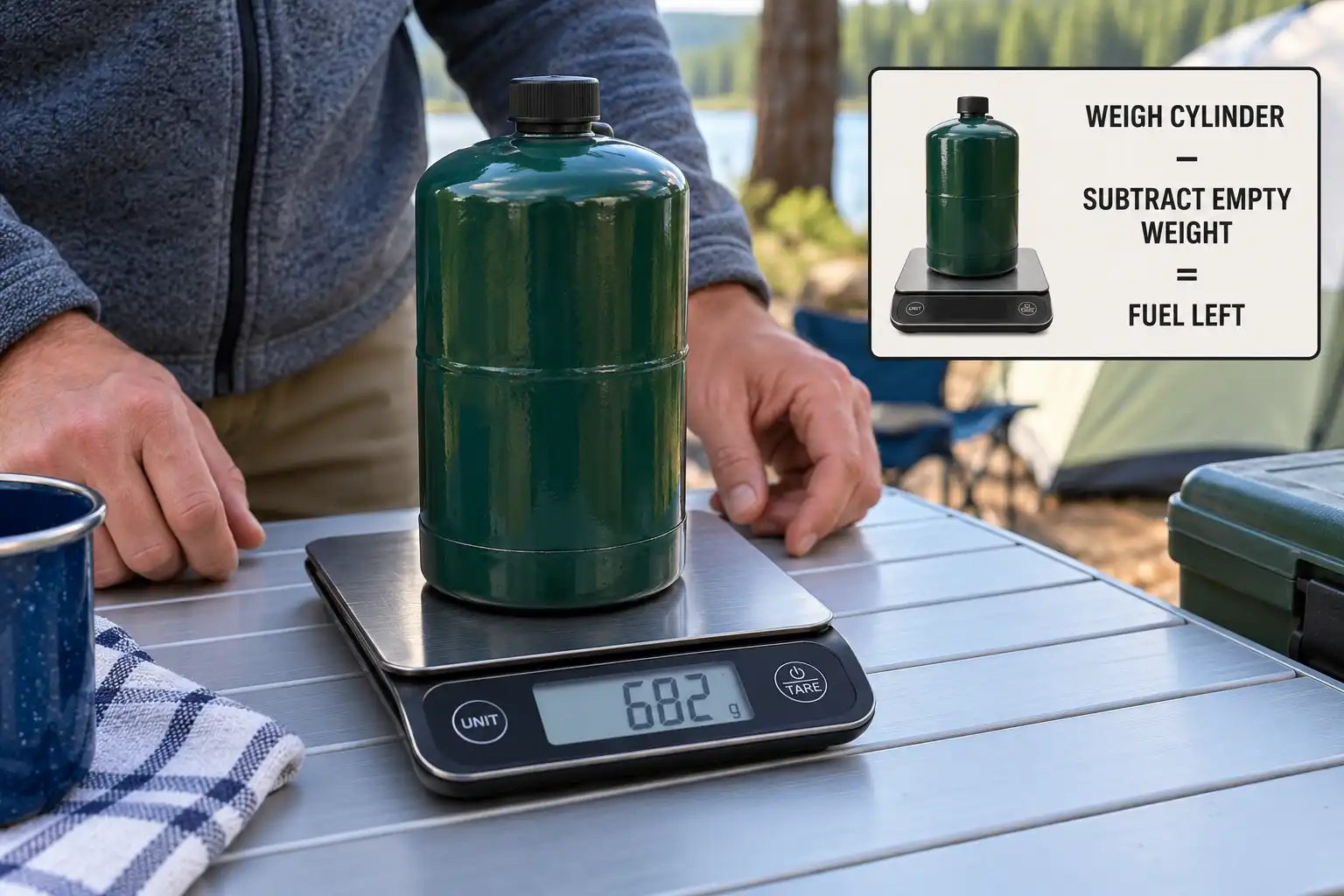 Small propane cylinder on a digital scale to check remaining camping fuel.