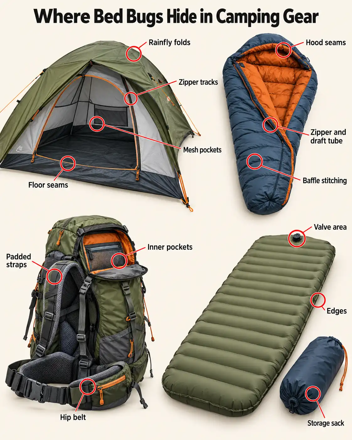 Bed bug hiding spots in a tent, sleeping bag, backpack, and pad