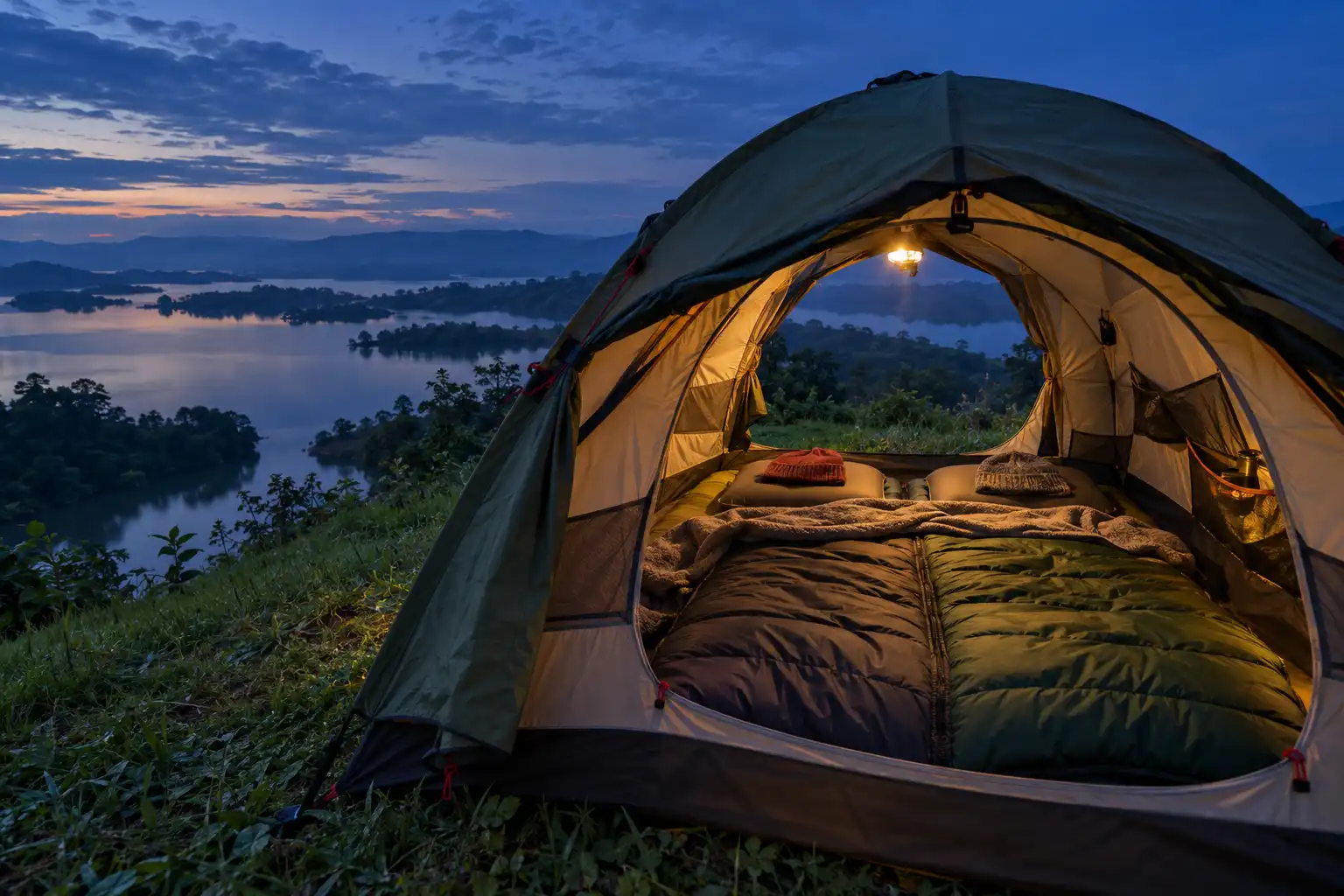 Zipped double sleeping bag on strapped pads with a fleece at the shoulders