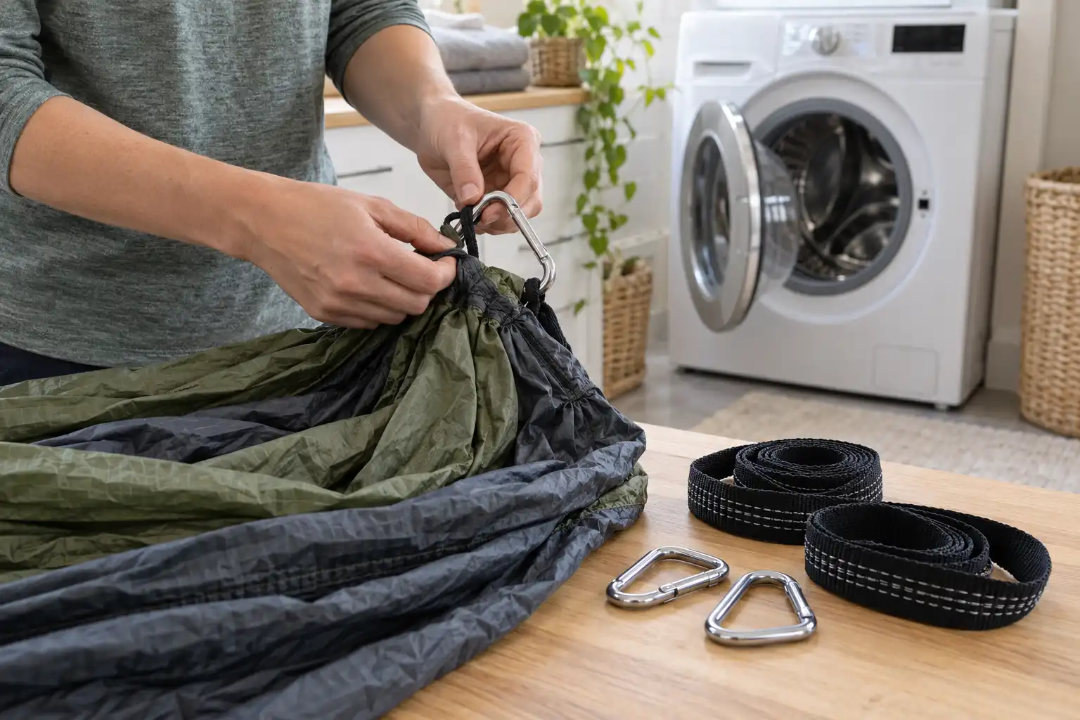 Removing carabiners before washing a hammock